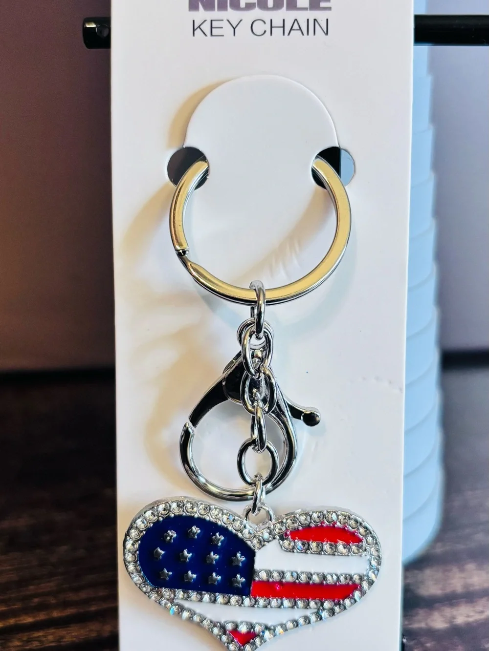 Heart-Shaped American Flag Keychain with Crystal Accents‎ - Red & Blue
